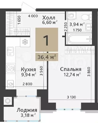 1-к. квартира, 36,4 м, 10/10 эт. - Фото 1
