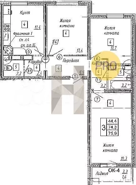 3-к. квартира, 75,9м, 12/17эт. - Фото 1