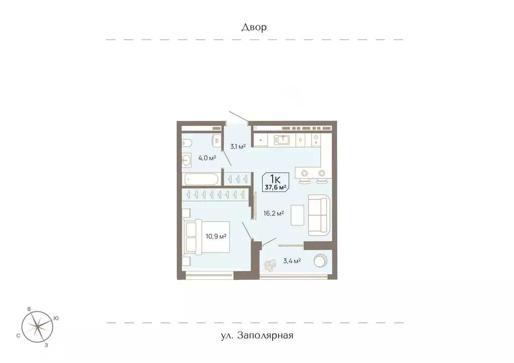 1-комнатная квартира: Тюмень, Заполярная улица, 3 (37.6 м) - Фото 0