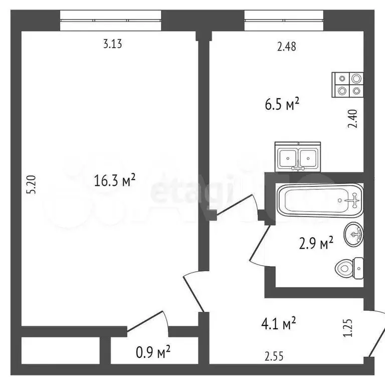 1-к. квартира, 30,7 м, 1/5 эт. - Фото 1