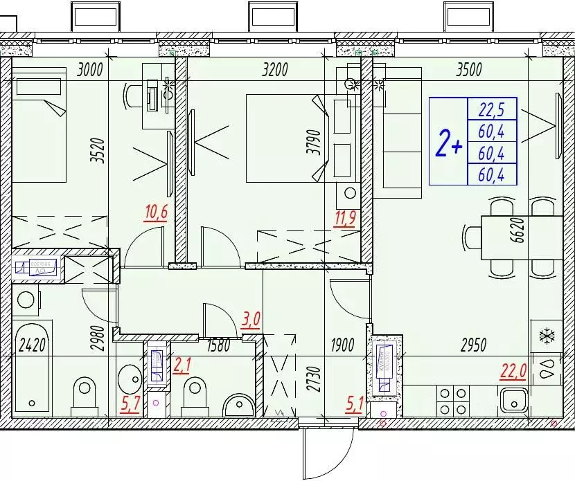 3-к кв. Астраханская область, Астрахань ул. Бэра, 29 (60.4 м) - Фото 2