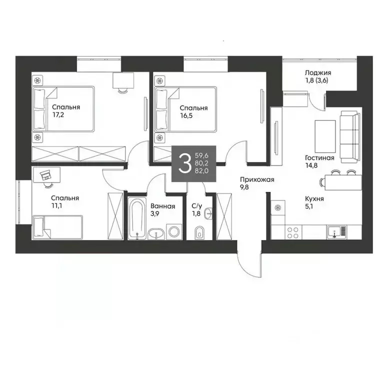 3-к кв. Татарстан, Альметьевск ул. Гафиатуллина, 60 (82.0 м) - Фото 0