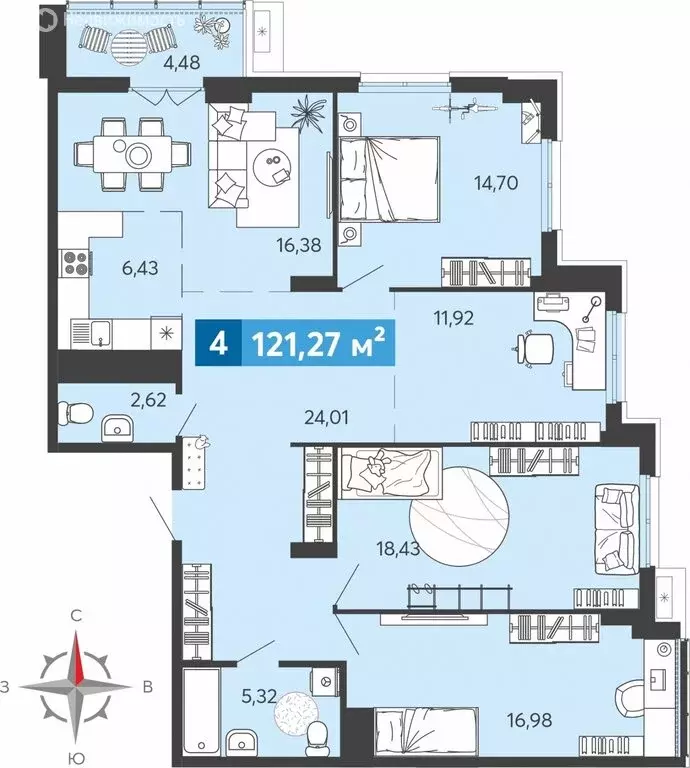 4-комнатная квартира: Засечное, Прибрежный бульвар, 5 (121.27 м) - Фото 1