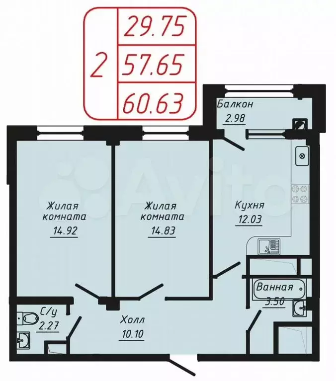 2-к. квартира, 60 м, 3/9 эт. - Фото 0