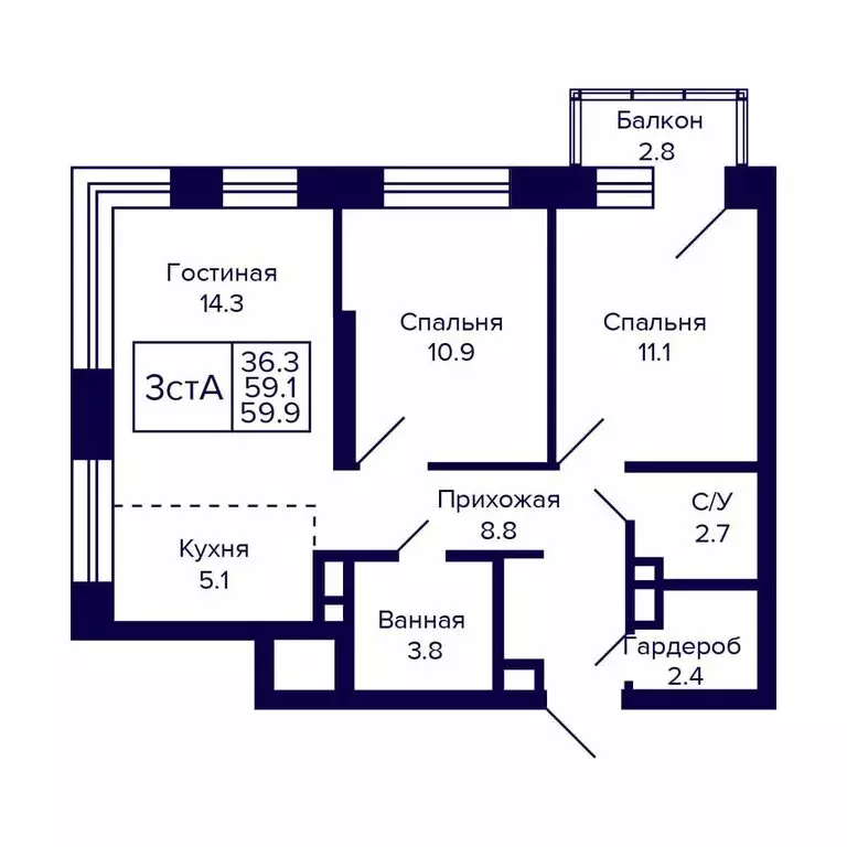 3-комнатная квартира: Новосибирск, Красносельская улица (59.9 м) - Фото 0