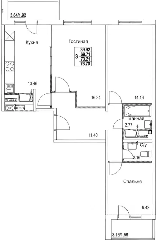 3-к кв. Москва Муравская ул., 38к2 (74.0 м) - Фото 2