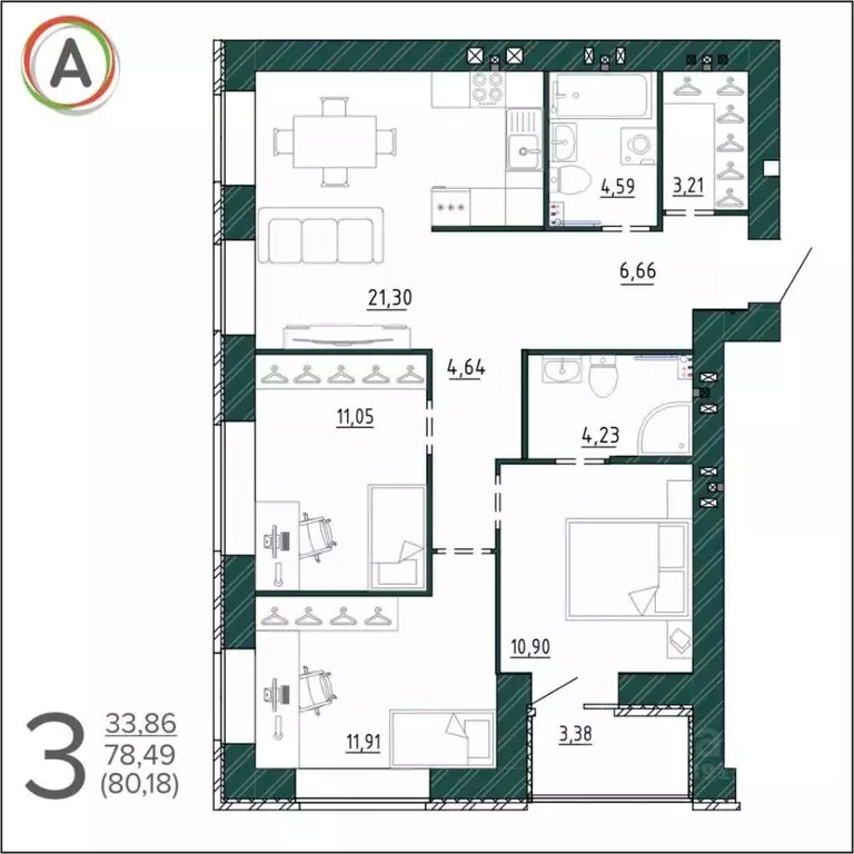 3-к кв. Брянская область, Брянск ул. Ульянова (80.18 м) - Фото 1