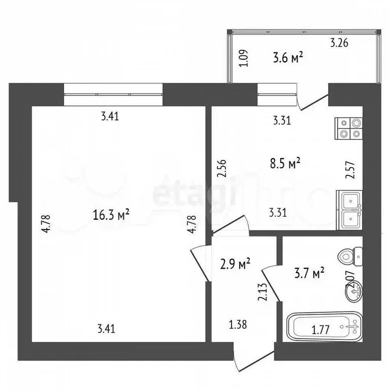 1-к. квартира, 31,4 м, 7/9 эт. - Фото 0