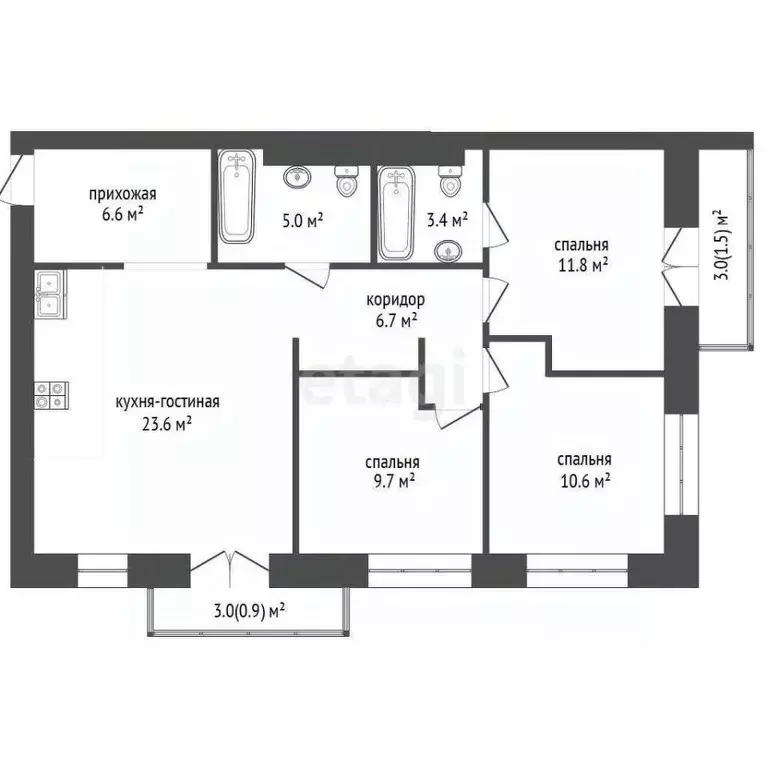 3-к кв. Вологодская область, Вологда Республиканская ул., 14к2 (77.4 ... - Фото 2