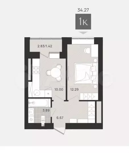 1-к. квартира, 34,3 м, 2/9 эт. - Фото 1