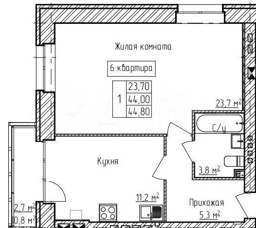 1-к. квартира, 44,8 м, 2/3 эт. - Фото 0