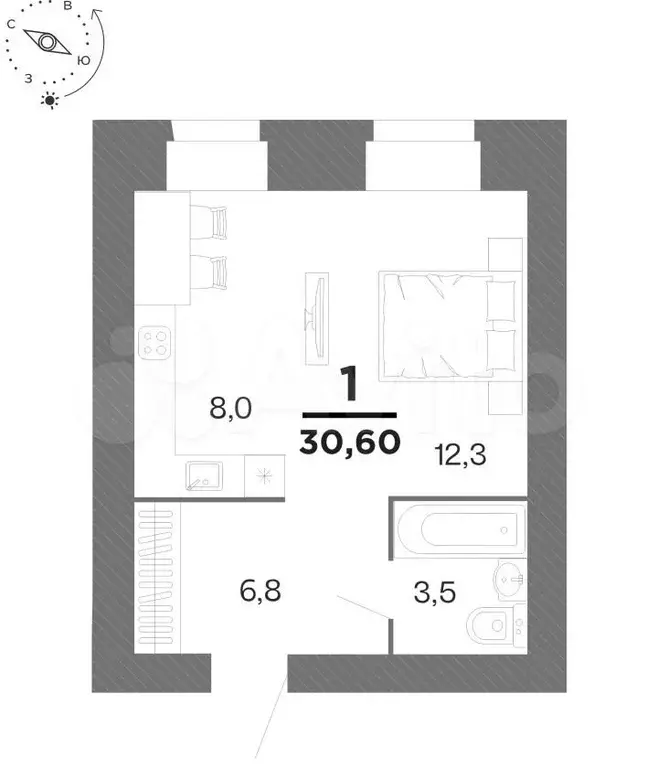 Квартира-студия, 30,6 м, 3/16 эт. - Фото 0