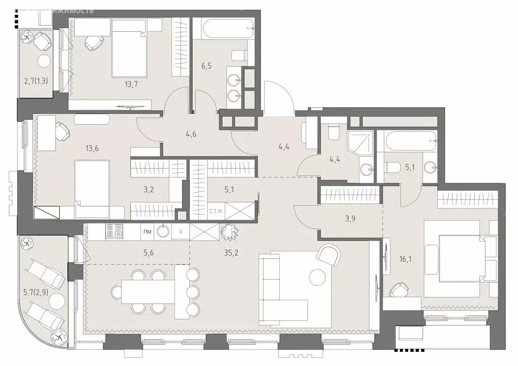 4-комнатная квартира: Москва, ЖК Родина Парк, к1 (125.6 м) - Фото 1