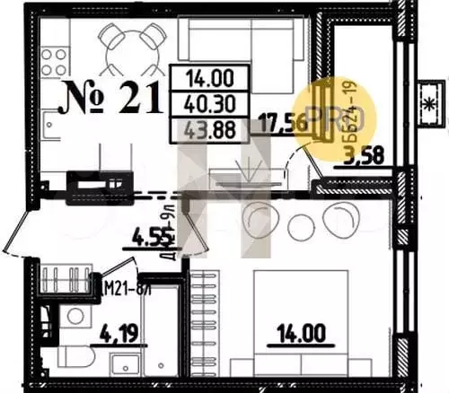 1-к. квартира, 40,3м, 15/17эт. - Фото 1