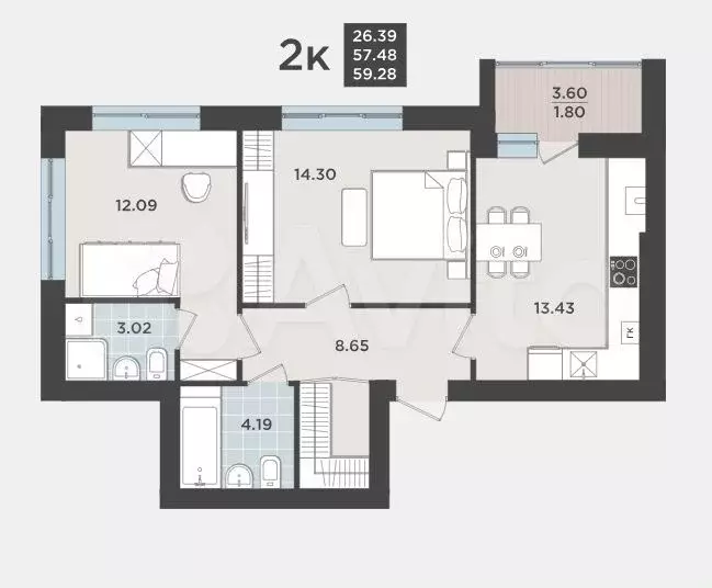 2-к. квартира, 57,5 м, 6/9 эт. - Фото 1