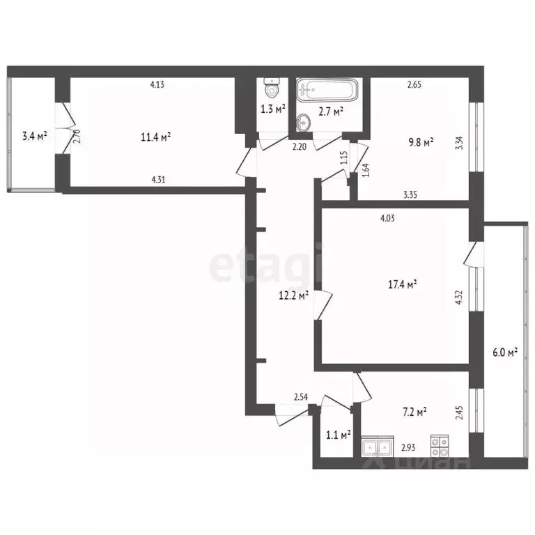 3-к кв. Крым, Евпатория ул. Интернациональная, 131 (63.5 м) - Фото 2