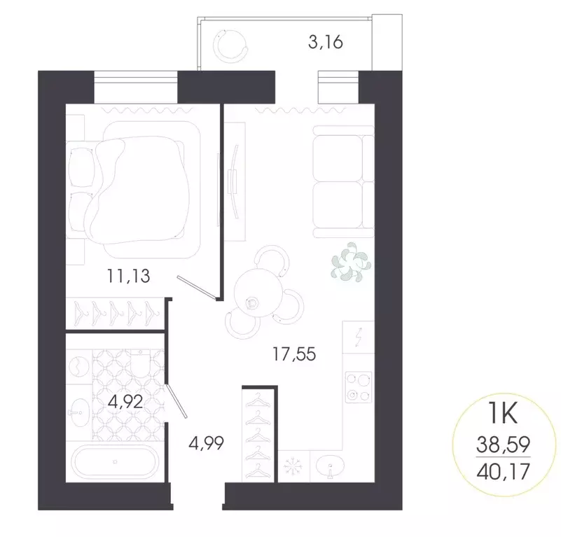 Квартира, 1 комната, 40.17 м - Фото 1