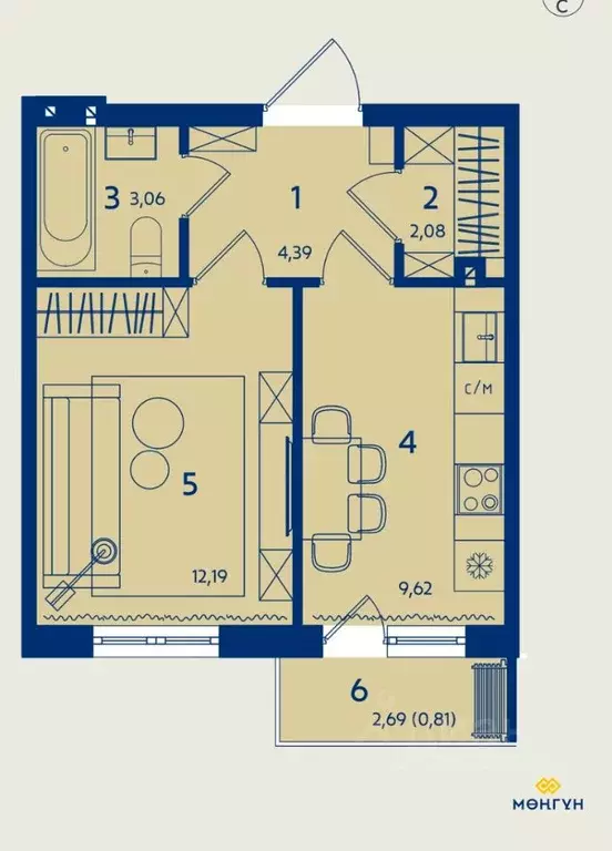 1-к кв. Тыва, Кызыл Монгун жилой комплекс (32.06 м) - Фото 0