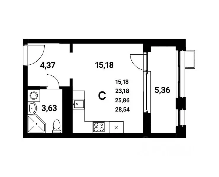 Студия Воронежская область, Воронеж наб. Чуева, 7 (25.86 м) - Фото 1
