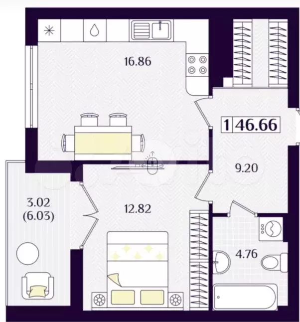 1-к. квартира, 46,6 м, 5/7 эт. - Фото 1