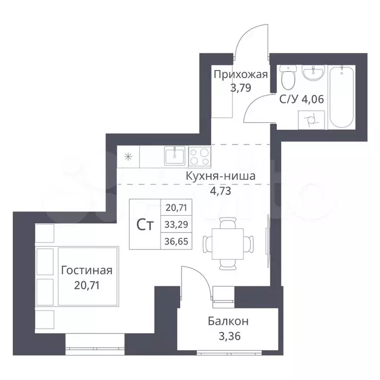 Квартира-студия, 33,3 м, 11/18 эт. - Фото 0