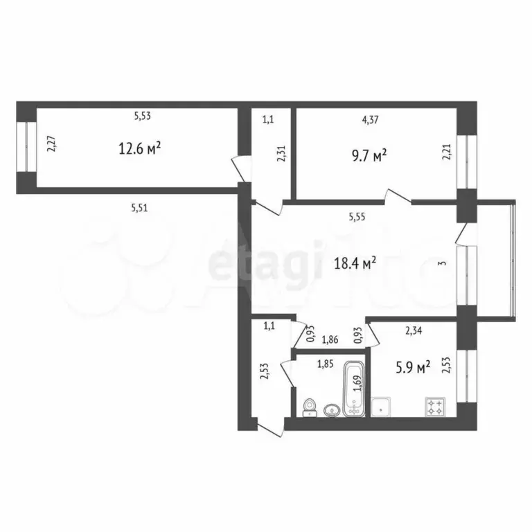 3-к. квартира, 54,8 м, 3/5 эт. - Фото 0
