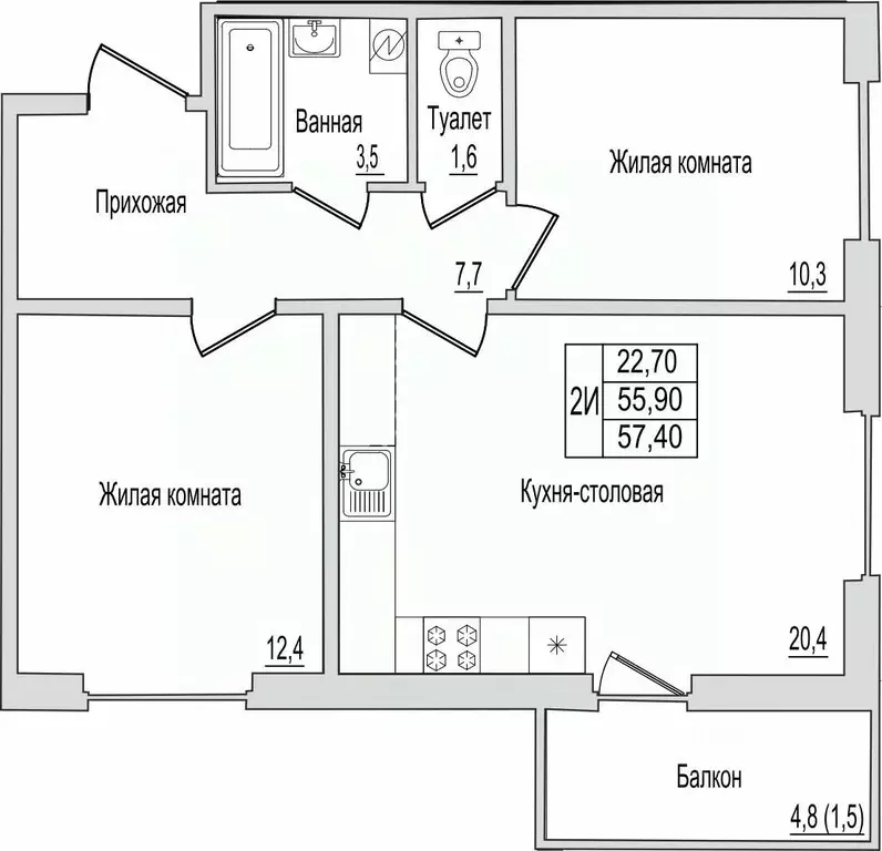 2-к кв. Псковская область, Псков ул. Юности, 10к2 (57.4 м) - Фото 1