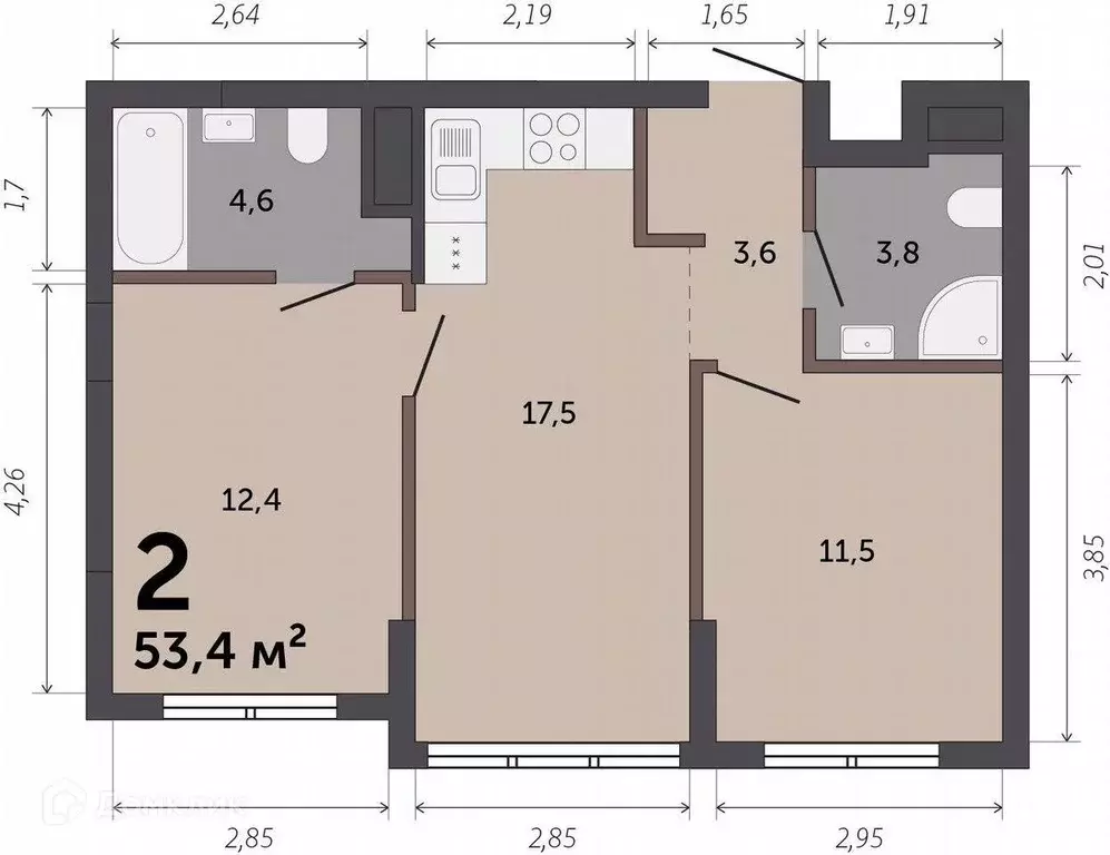 Продаётся 2-к квартира, 53.8 м - Фото 1