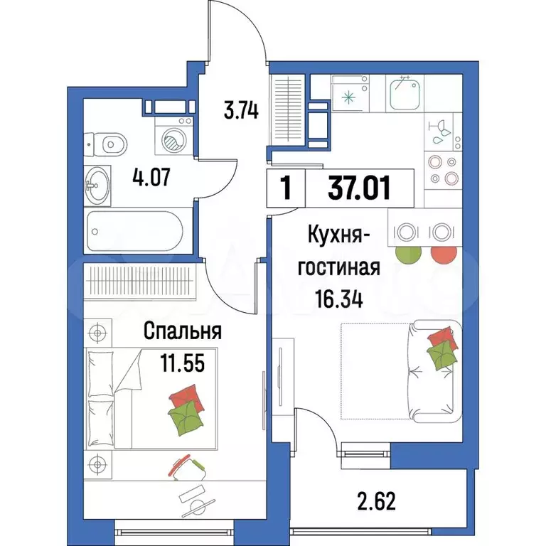 1-к. квартира, 37 м, 15/16 эт. - Фото 0