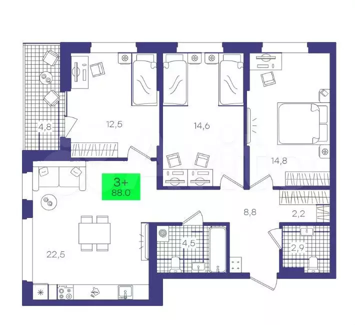 3-к. квартира, 88 м, 8/9 эт. - Фото 0
