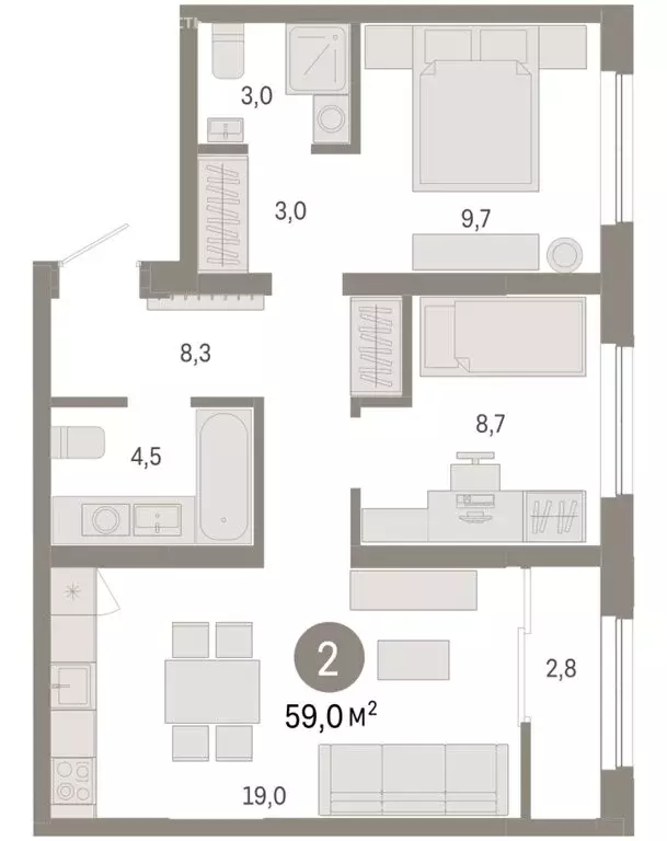 2-комнатная квартира: Новосибирск, Большевистская улица, с49 (59.03 м) - Фото 1