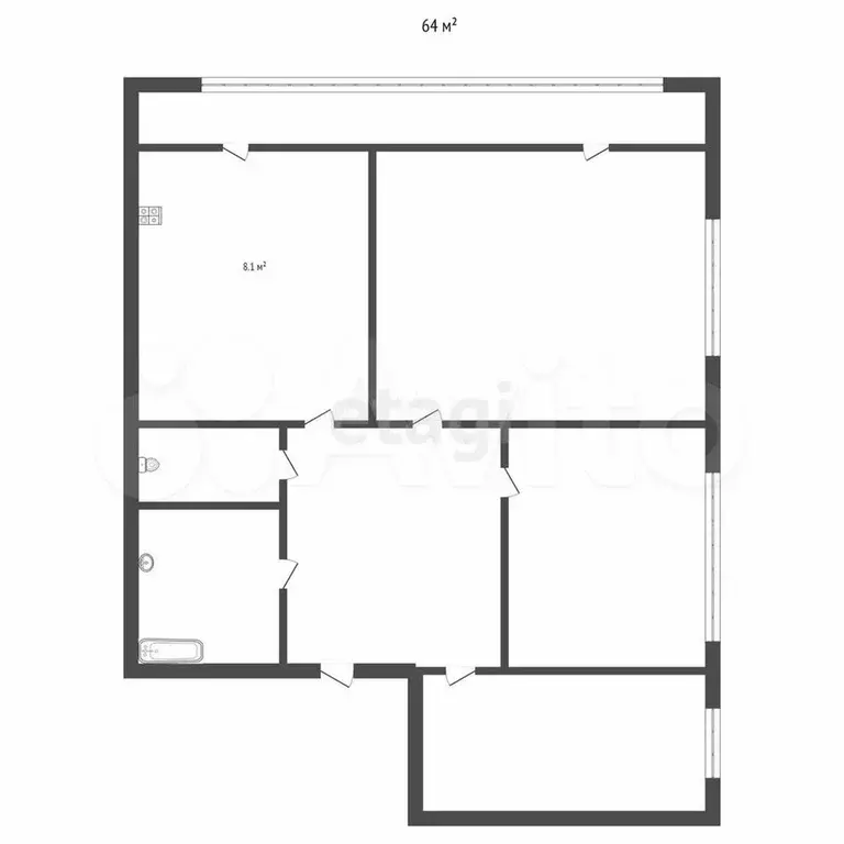 3-к. квартира, 64 м, 2/5 эт. - Фото 0