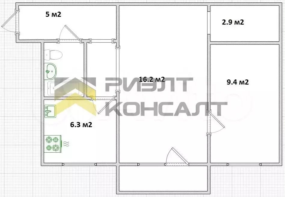 2-к. квартира, 43,7 м, 2/5 эт. - Фото 0