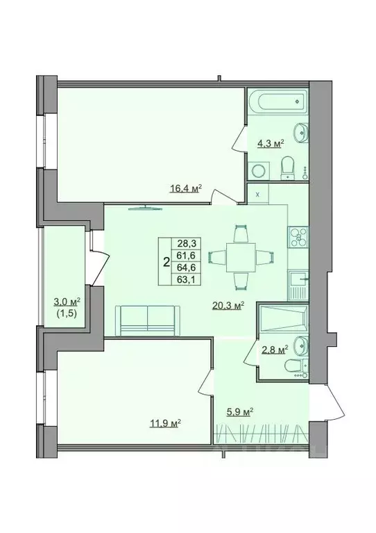 2-к кв. Костромская область, Кострома Магистральная ул., 49А (63.1 м) - Фото 1
