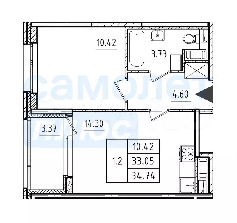 1-к. квартира, 33,1м, 5/9эт. - Фото 0