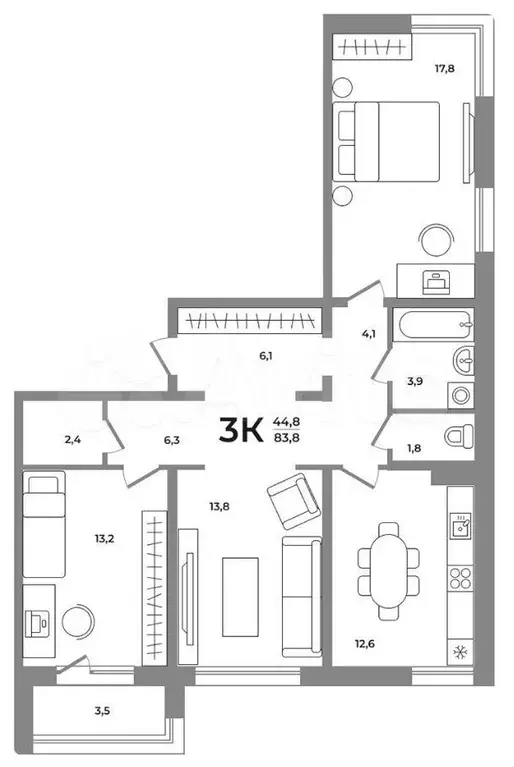 3-к. квартира, 83,8 м, 2/12 эт. - Фото 0