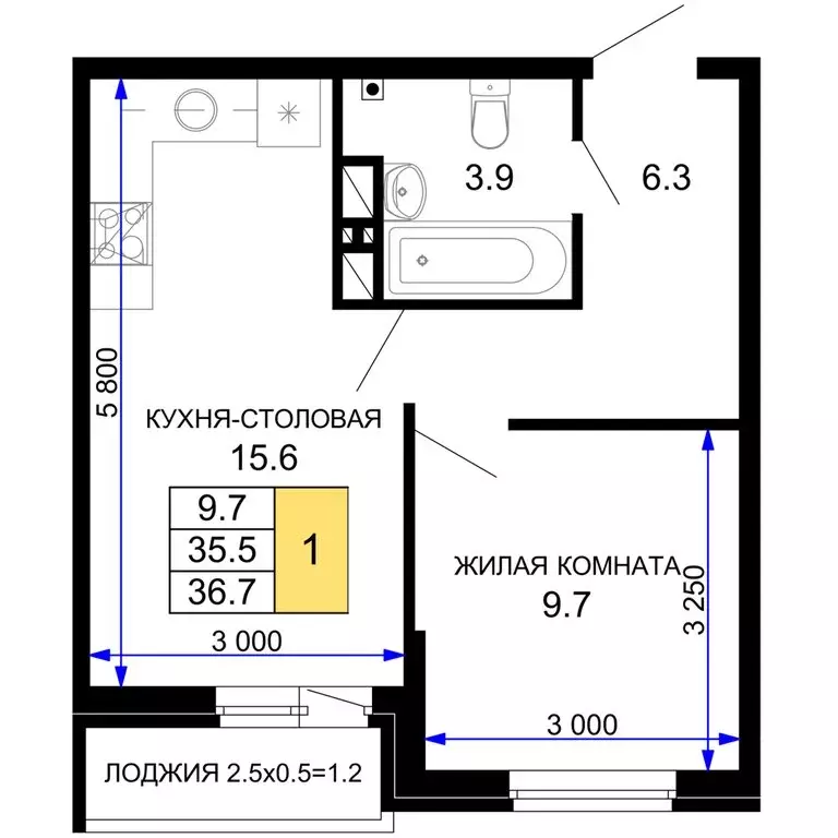 1-комнатная квартира: Краснодар, жилой комплекс Дыхание (36.7 м) - Фото 0
