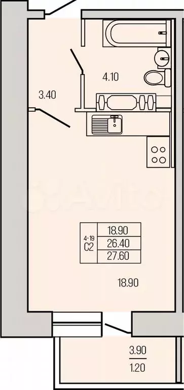 Квартира-студия, 27,6 м, 6/21 эт. - Фото 1