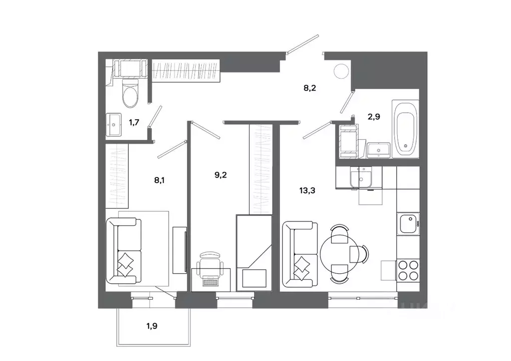 2-к кв. Ханты-Мансийский АО, Сургут 30А мкр,  (43.4 м) - Фото 0