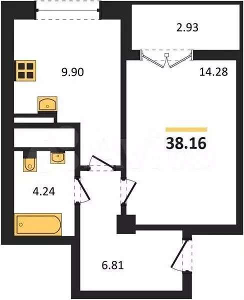 1-к. квартира, 38,2 м, 8/9 эт. - Фото 1