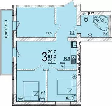 3-комнатная квартира: аул Новая Адыгея, ЖК Дарград (61.2 м) - Фото 1