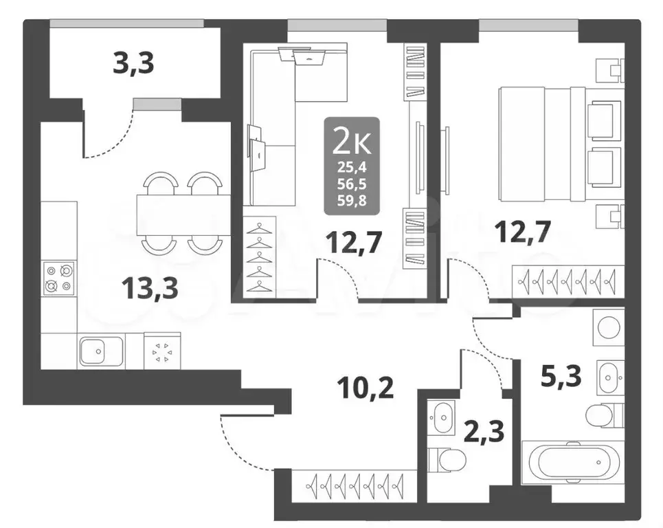 2-к. квартира, 59,8 м, 4/9 эт. - Фото 0