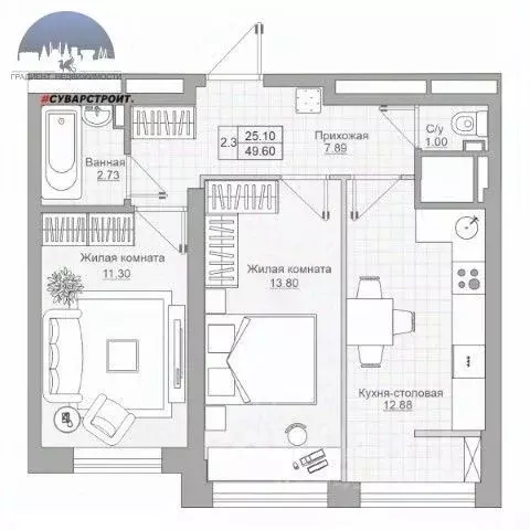 2-к кв. Татарстан, Казань ул. Рауиса Гареева, 105Б (50.0 м) - Фото 2
