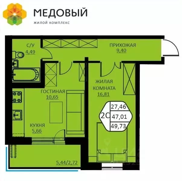 2-к кв. Пермский край, д. Кондратово ул. Н.М. Яблокова, 2 (49.73 м) - Фото 1