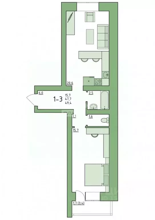 1-к кв. Вологодская область, Вологда Новгородская ул., 38 (49.4 м) - Фото 1