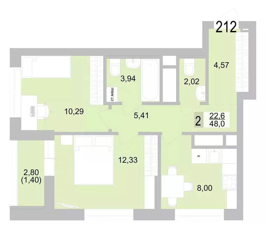 2-к кв. Свердловская область, Екатеринбург ул. Черкасская, 5к1 (49.36 ... - Фото 1