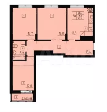 3-к. квартира, 77,6 м, 8/8 эт. - Фото 1