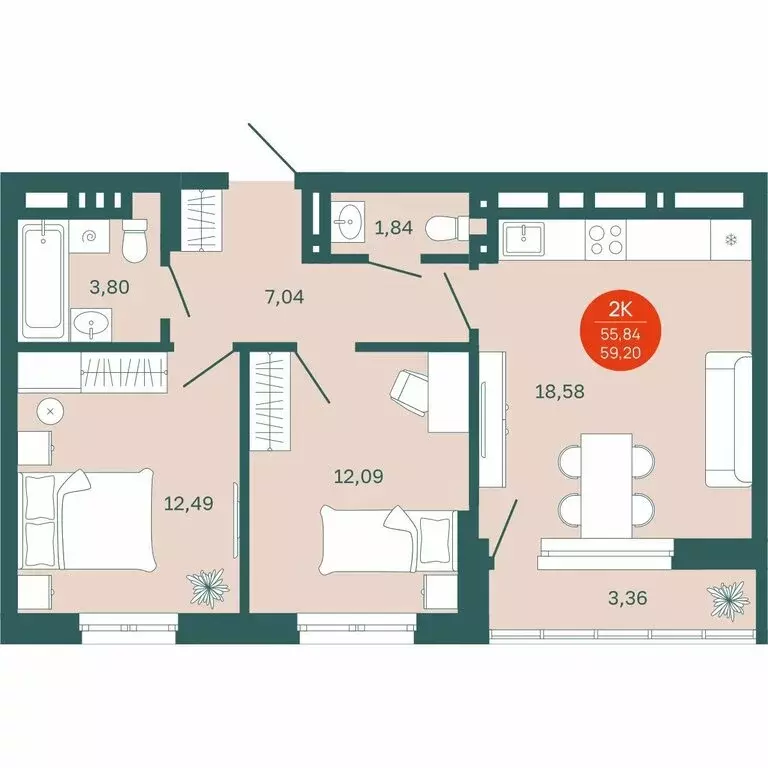 2-комнатная квартира: Тюмень, Одесская улица, 7к3 (57.52 м) - Фото 0