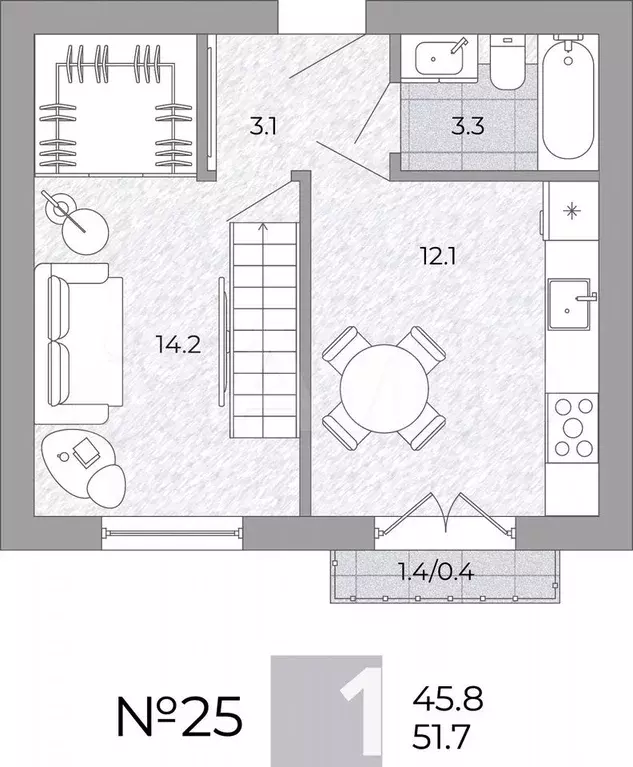 1-к. квартира, 51,7 м, 4/4 эт. - Фото 0