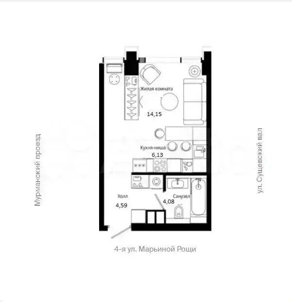 Квартира-студия, 29 м, 6/55 эт. - Фото 1